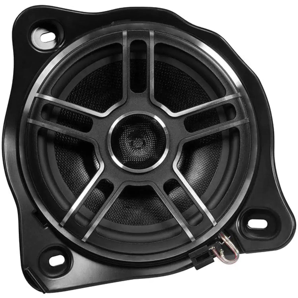 Close-up of the Musway CSM-8WR 20 cm Fußraum-Subwoofer for Mercedes, with a circular grille, three mounts, and Plug+Play connector at the lower right.