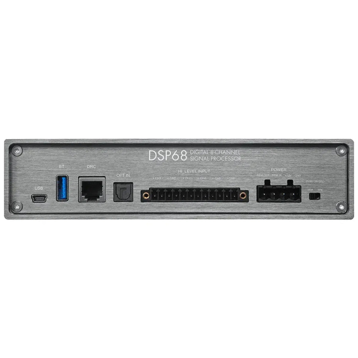Vista trasera del Musway DSP68 que muestra los puertos para USB, BT, DRC, entrada de nivel, conector de alimentación y control de PC/App.