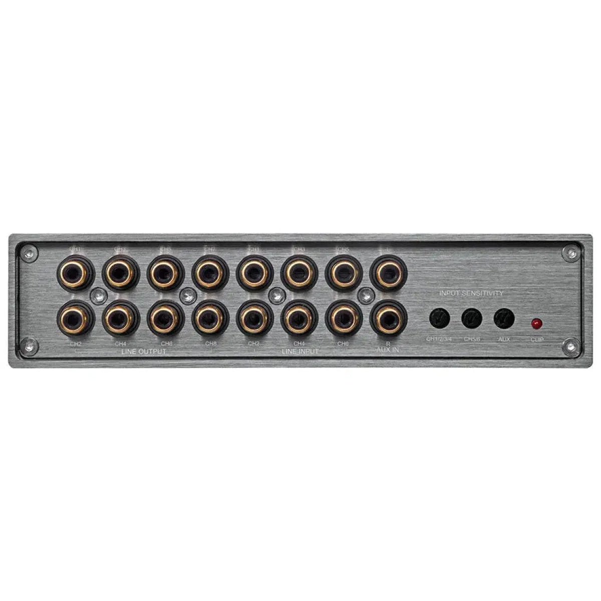 El panel trasero del Musway DSP68 cuenta con varias tomas RCA, cuatro pulsadores, un puerto AUX, indicador rojo y DSP de 8 canales para control desde PC y aplicaciones.