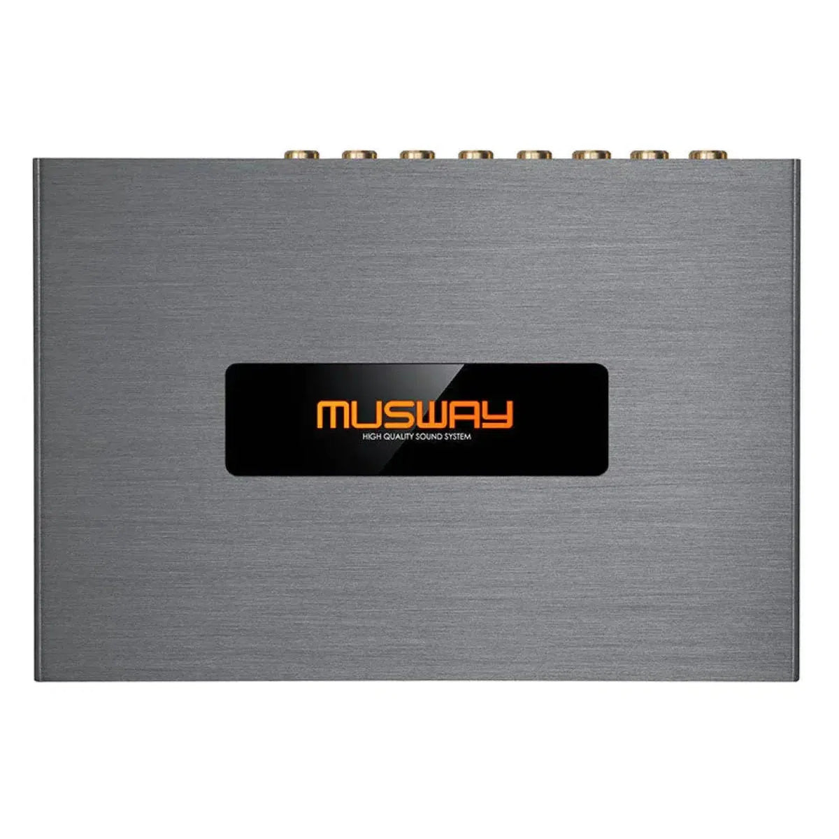 Amplificador de audio Musway DSP68 gris rectangular con panel negro, logotipo naranja, DSP y control de PC/App; conectores en el borde superior.