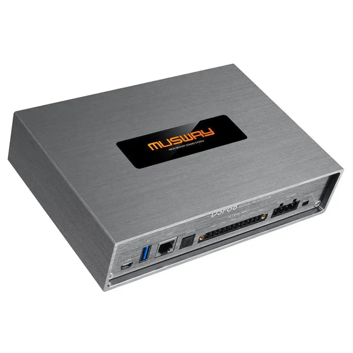 The Musway DSP68 is a rectangular audio device with a brushed metal finish, logo on top, 8-channel DSP, and front-facing PC/App control ports.