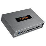 El Musway DSP68 es un dispositivo de audio rectangular con acabado de metal cepillado, logotipo en la parte superior, DSP de 8 canales y puertos de control de PC/App frontales.