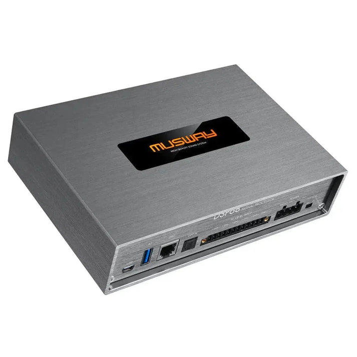 El Musway DSP68 es un dispositivo de audio rectangular con acabado de metal cepillado, logotipo en la parte superior, DSP de 8 canales y puertos de control de PC/App frontales.