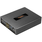 Musway M6V4-512K è un amplificatore audio rettangolare con finitura in metallo spazzolato, lati neri ventilati e connettori multipli a unestremità.
