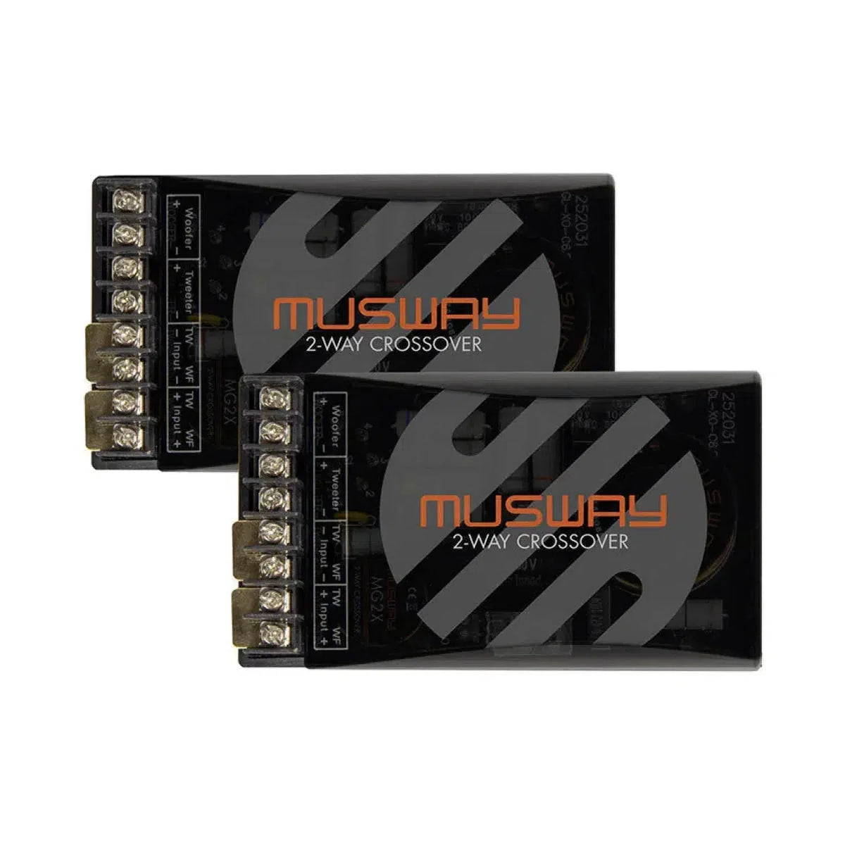 Two black rectangular Musway MG2X 2-way crossovers feature visible wiring terminals, Musway branding on top, and support Bi-Amping applications.