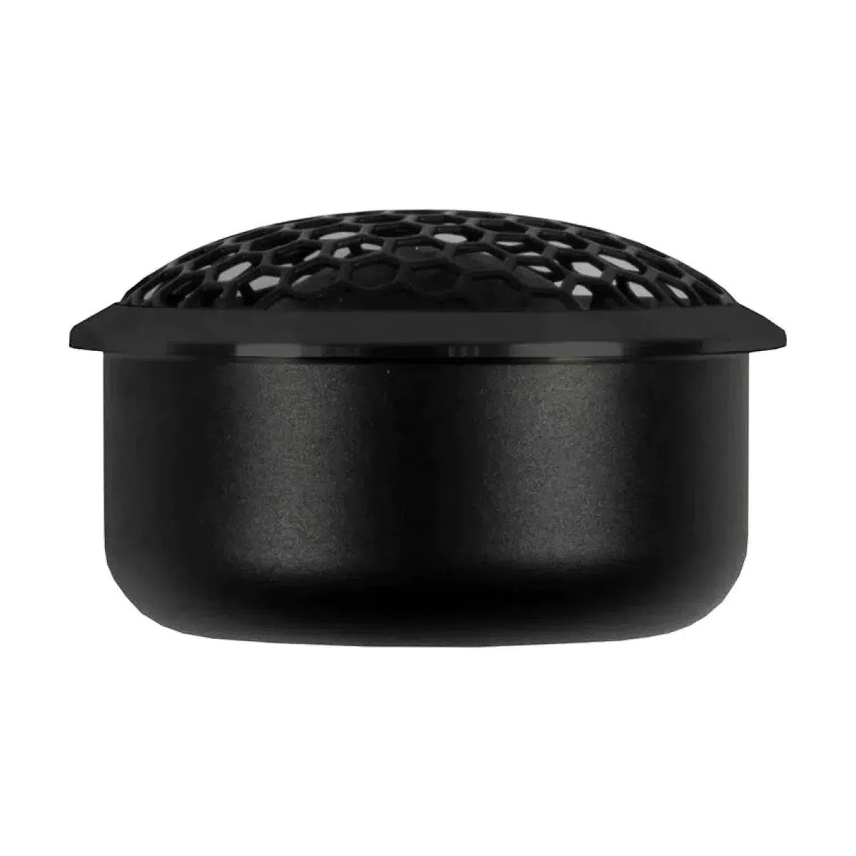 Een kleine, ronde, zwarte Musway MG6.2C tweeter met honingraatrooster en gladde voet voor een 5 Zoll Lautsprecherset is afgebeeld tegen een witte achtergrond.