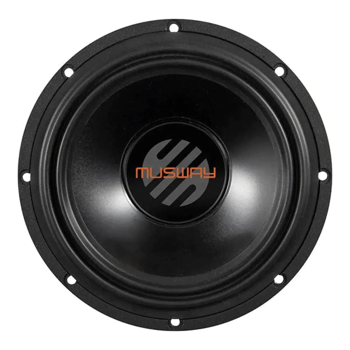 De Musway MG6.3A is een zwarte ronde luidspreker met een oranje logo in het midden, die deel uitmaakt van het 6,5 Zoll Lautsprecherset 3-Wege Frontsystem.