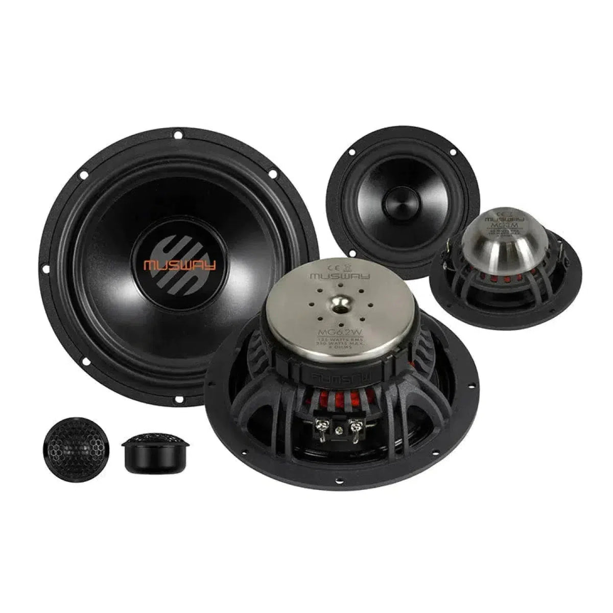 A set of five black Musway MG6.3A car audio speakers and components, 3-way front system, displayed on a white background.
