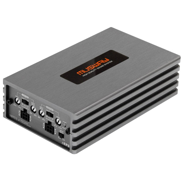 Rectangular silver Musway NX125.4 amp with black vents, labeled knobs, Interference Free Tech, displayed on white background.