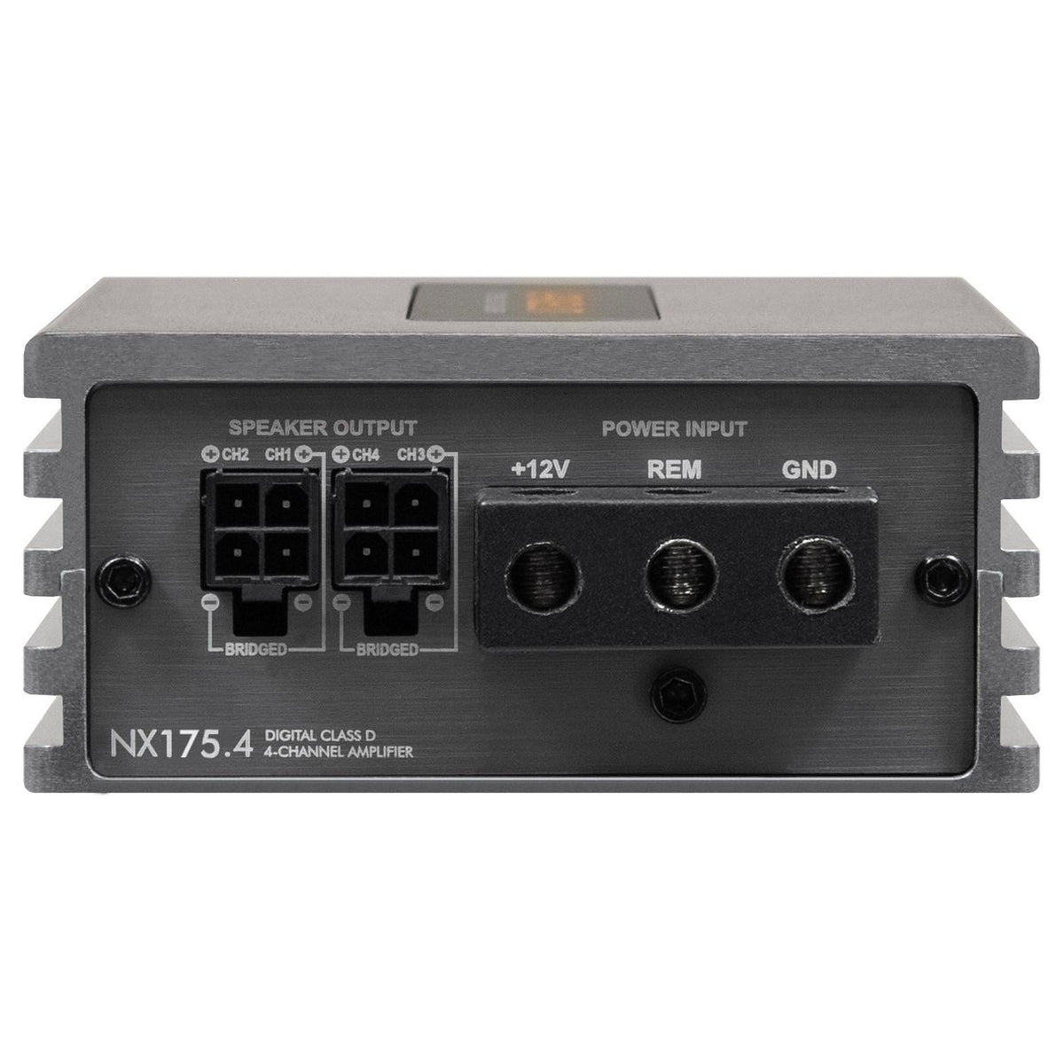 Rear view of Musway NX175.4 4-channel car amplifier with labeled +12V, REM, GND power input and speaker output terminals.