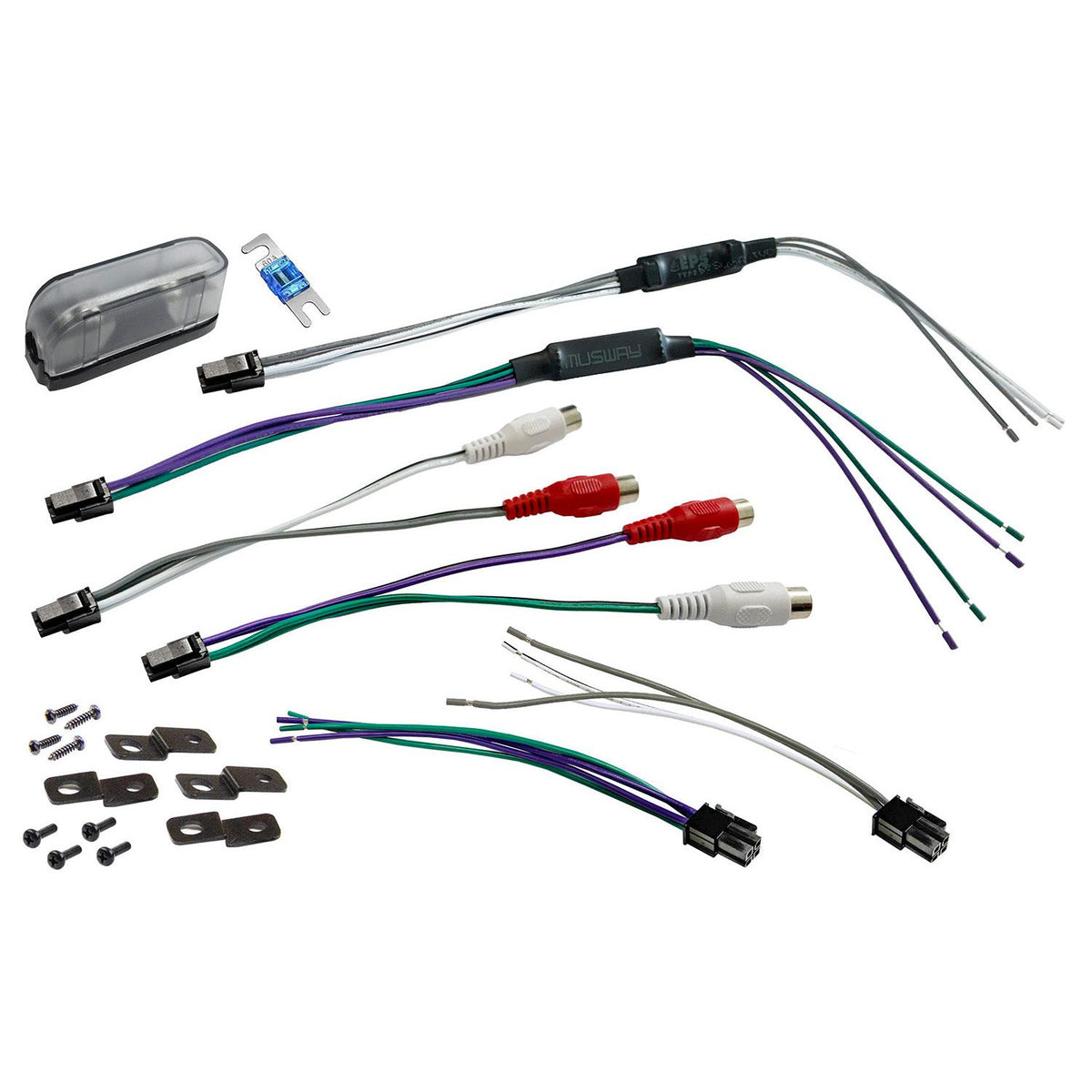 Musway NX175.4 car audio wiring harnesses, connectors, fuses, screws, and brackets displayed on a white background.
