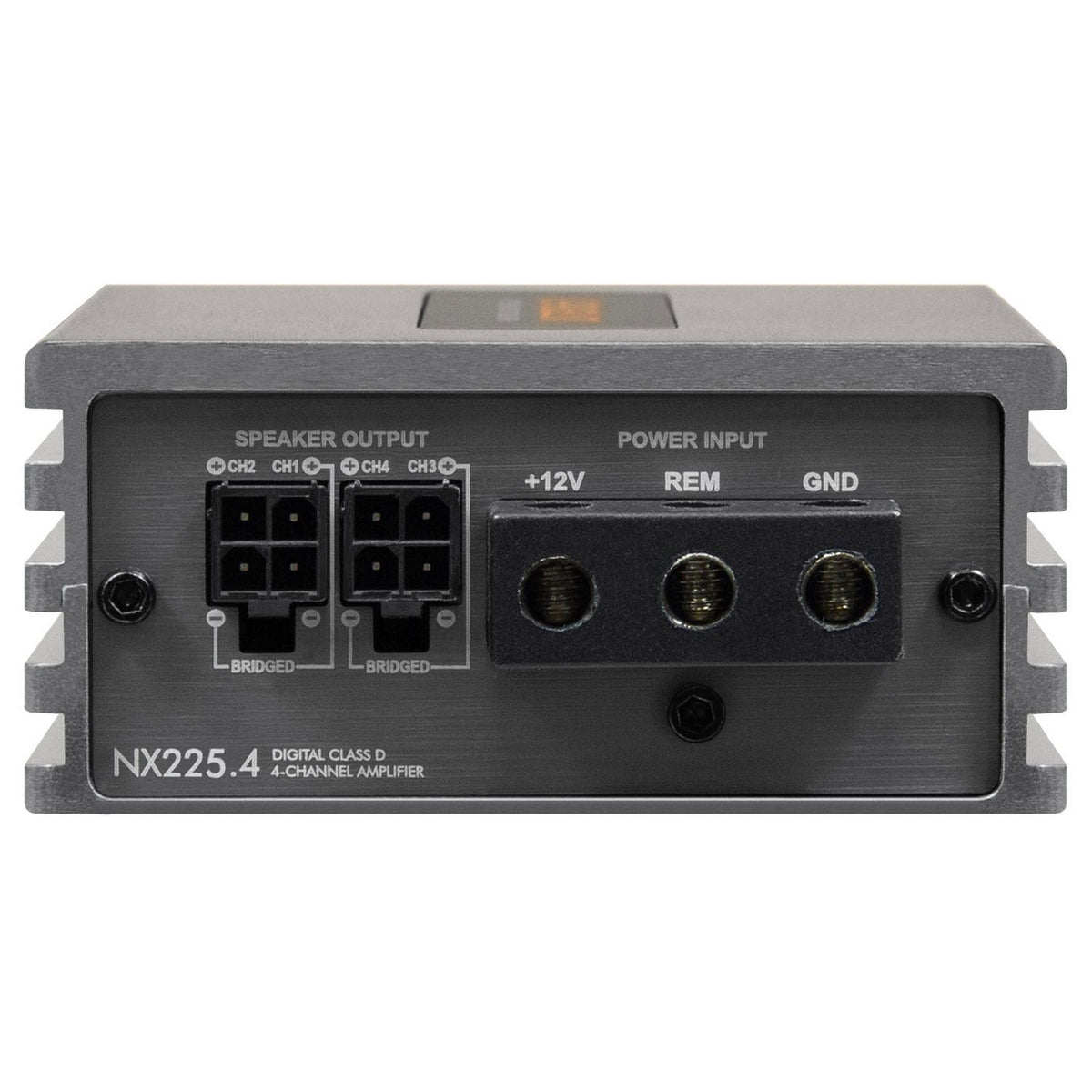 Close-up of the Musway NX225.4 rear panel with labeled speaker output and power input terminals for connections.