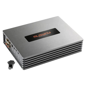 El Musway ONE600 es un amplificador rectangular de 1 canal con acabado en metal cepillado, detalles en negro, puertos de E/S laterales, encendido automático y un mando de control independiente.