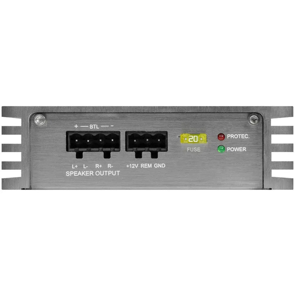 Primo piano del pannello posteriore del Musway P2 con ingresso RCA, uscite per diffusori, fusibile da 20A, spie luminose e terminali +12V, remoto e di terra.