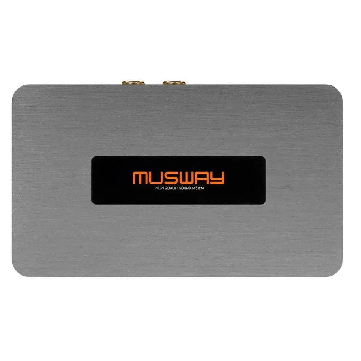 Verstärker Musway P2 2-Kanal rettangolare in argento con etichetta centrale nera che riporta MUSWAY in arancione e HIGH QUALITY SOUND SYSTEM in piccolo testo bianco.