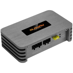 El Musway P2 es un amplificador de 2 canales compacto y rectangular con acabado en metal cepillado, tecnología digital, entradas RCA, fusible e indicador de alimentación lateral.