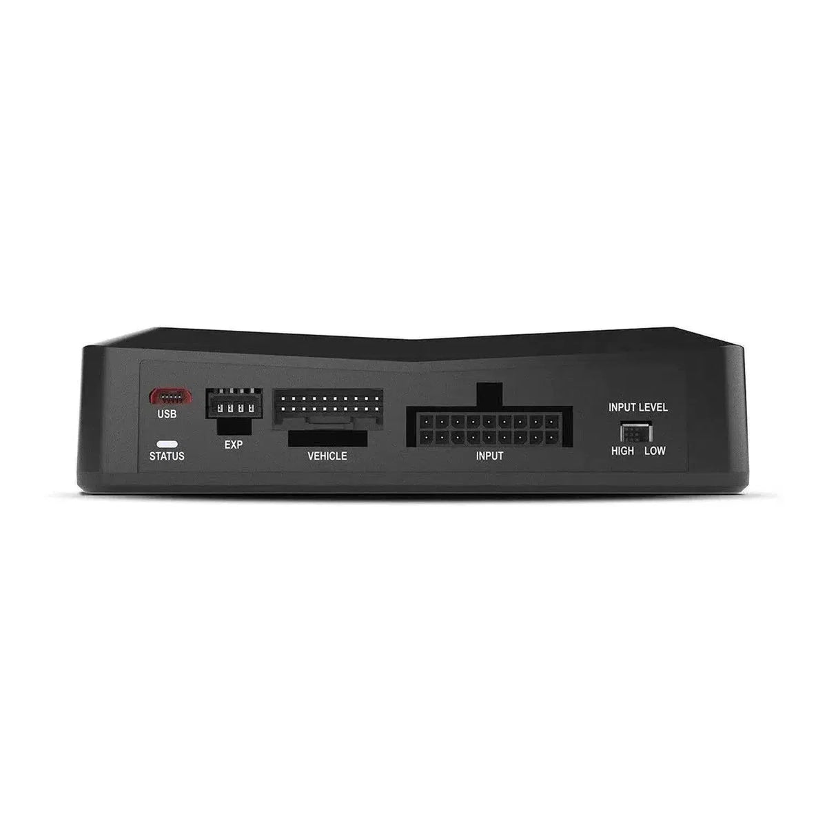 De Rockford Fosgate DSR1 is een zwart elektronisch apparaat met USB, EXP, VEHICLE, INPUT poorten, 4-Kanal DSP voor digitale verwerking en Maestro-CAN-Schnittstelle ondersteuning.