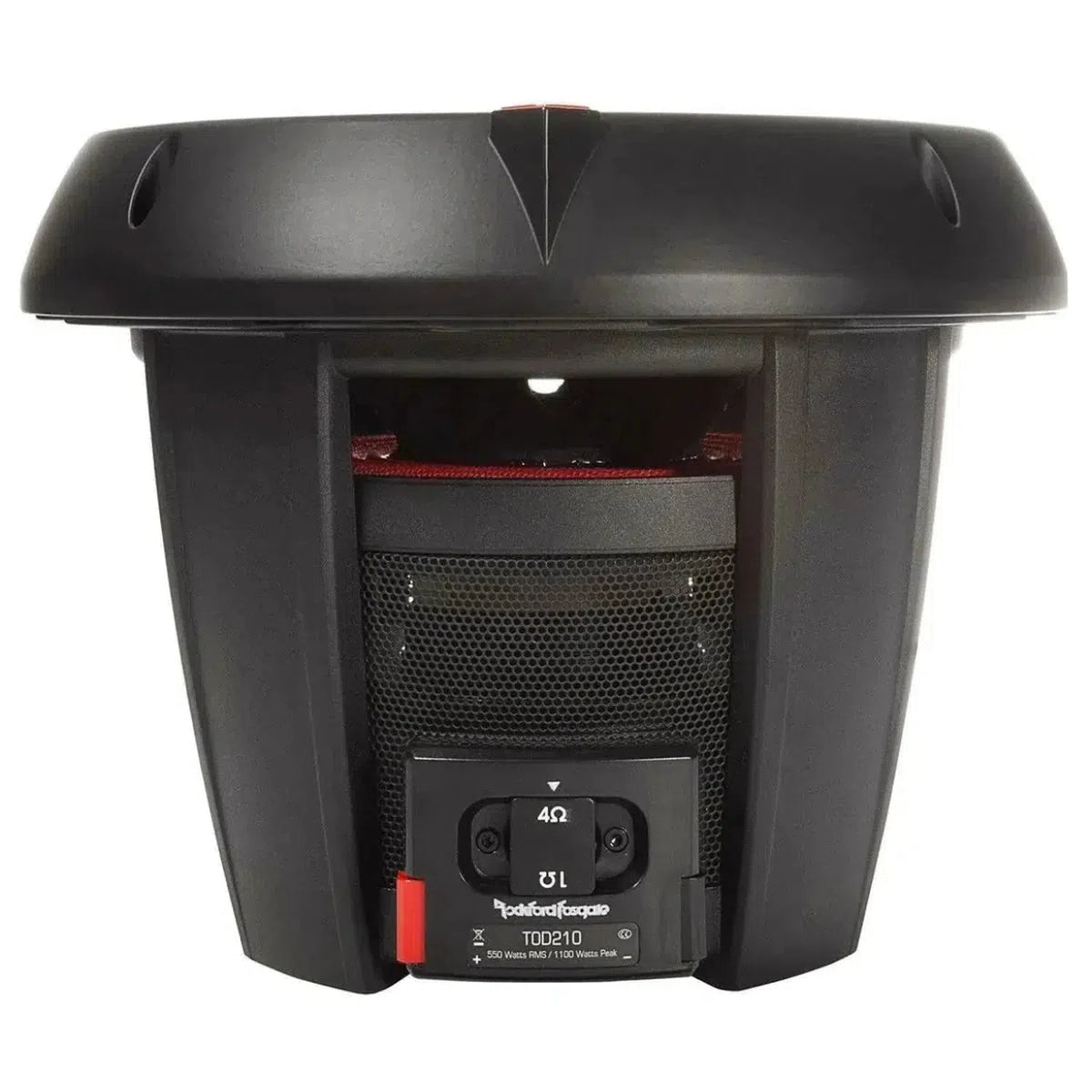 Vue latérale dun subwoofer Rockford Fosgate Power T0D210 10 avec aimant recouvert dun filet, bornes étiquetées et marquage de limpédance double de 2 ohms.