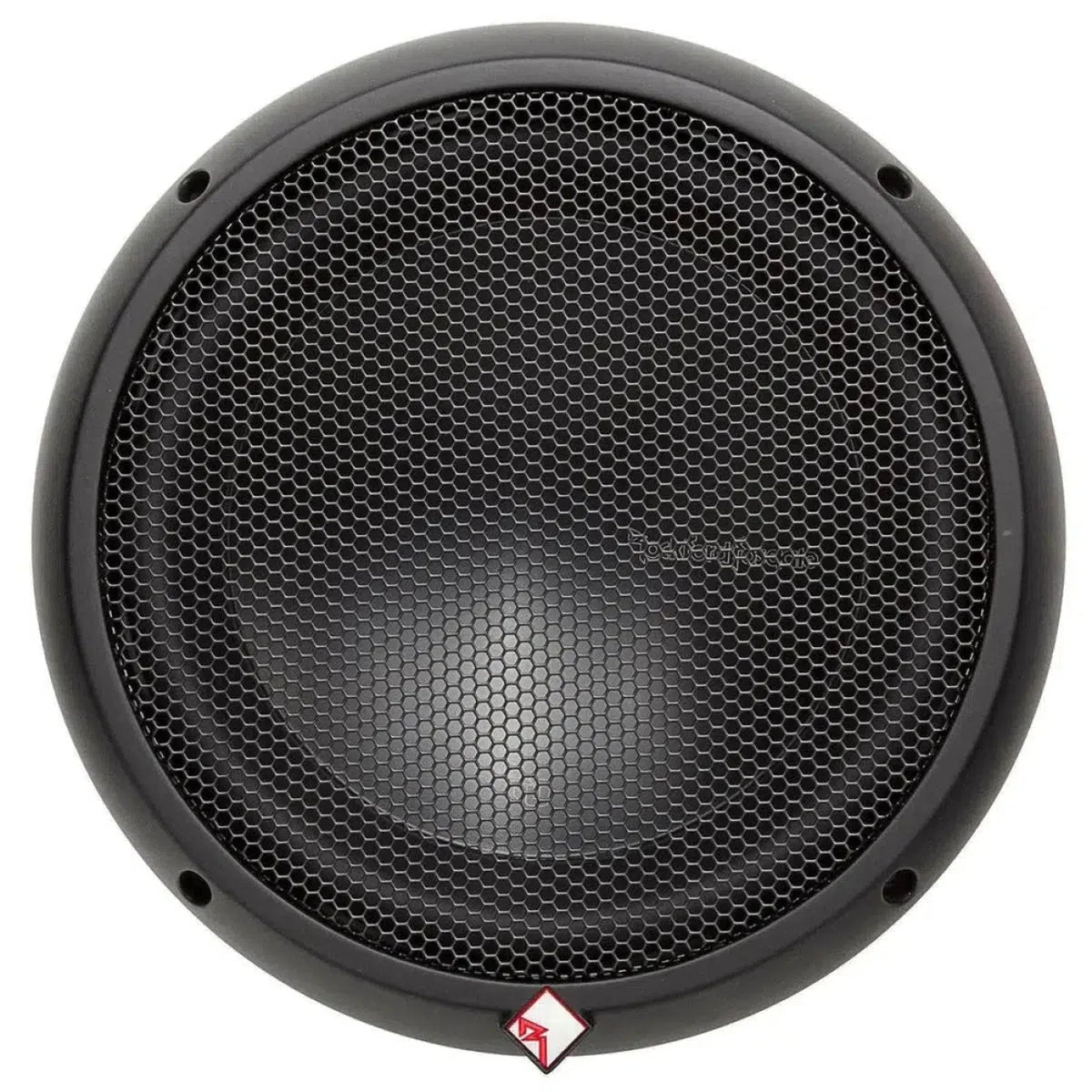 Vue du dessus du caisson de basses Rockford Fosgate Power T0D210 de 10 pouces, de forme ronde et noire, avec une grille en nid dabeille et un petit logo rouge/blanc sur le bord inférieur.