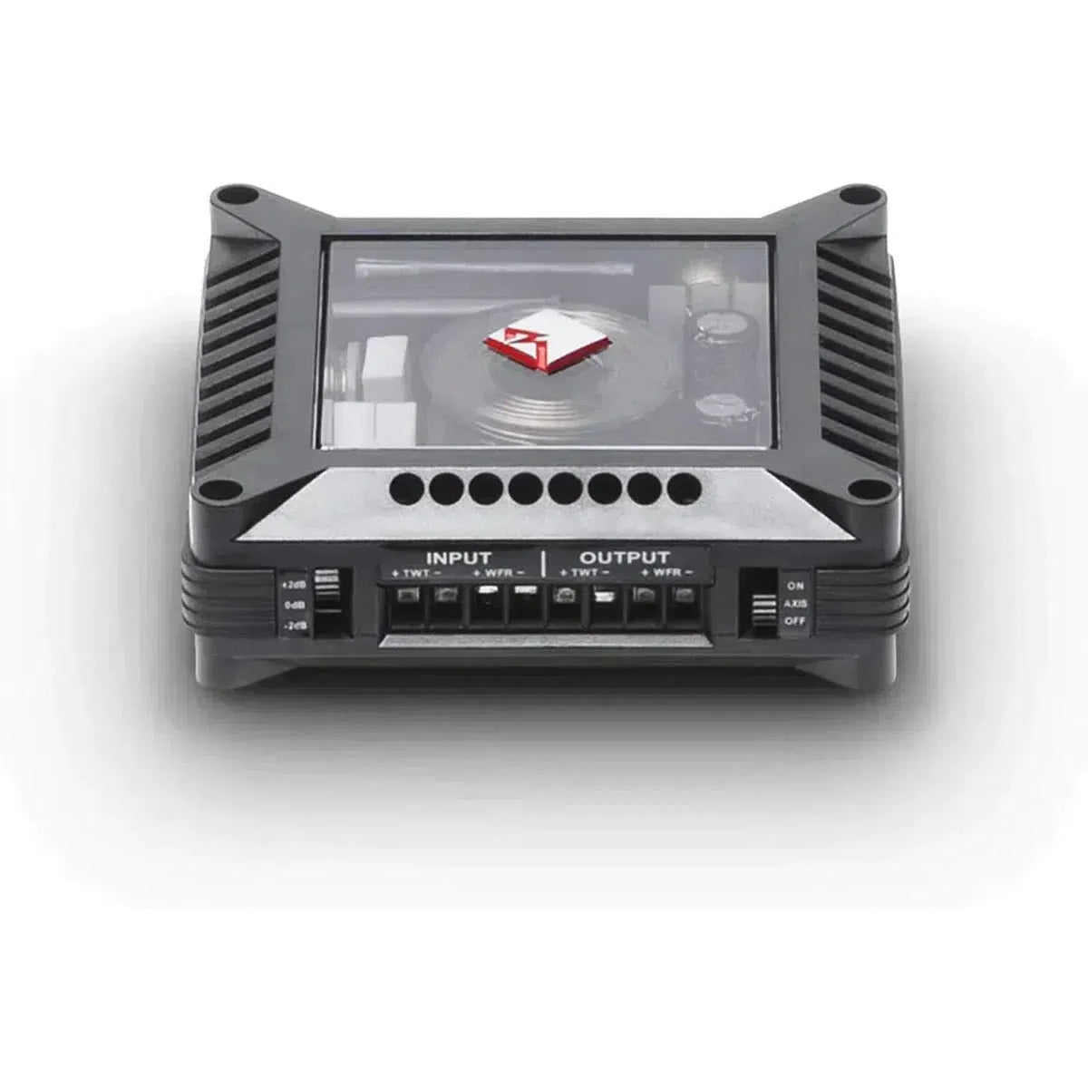 Il Rockford Fosgate Power T152-S è un dispositivo elettronico compatto di colore nero con una parte superiore trasparente, circuiti visibili, porte I/O e un logo 5 Zoll Lautsprecher allinterno.