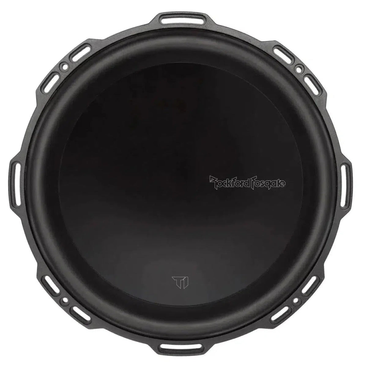 Un subwoofer Rockford Fosgate Power T1D212 / T1D412 12 noir vu du dessus, avec un cône lisse, la technologie VAST et plusieurs trous de montage sur le pourtour.