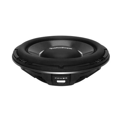 Le Rockford Fosgate Power T1S2-12 est un subwoofer noir de 12 pouces avec 600 W RMS et le texte POWER sur sa face avant arrondie, sur fond blanc.