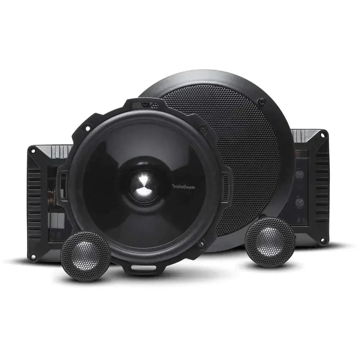 Een set zwarte Rockford Fosgate Power T2652-S 5 2-weg componentluidsprekers met woofer, tweeters en crossovers op een witte achtergrond.