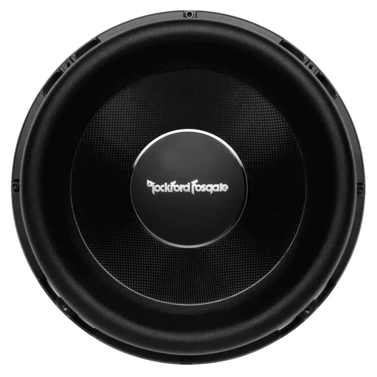 Een zwarte Rockford Fosgate Power T2S2-13/T2S1-13 subwoofer van bovenaf gezien, met de merknaam in het midden op een gestructureerd 2000W RMS oppervlak.