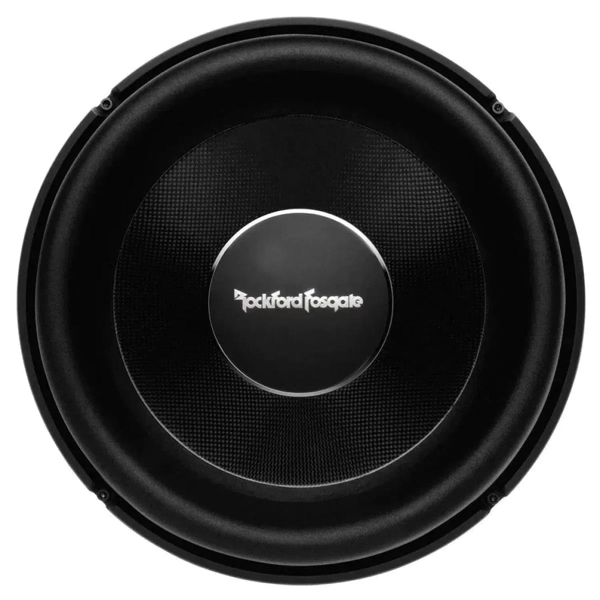 Een zwarte Rockford Fosgate Power T2S2-13 / T2S1-13 13 subwoofer, hierboven afgebeeld met het logo in het midden, levert tot 2000W RMS vermogen.