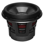 Een zwarte Rockford Fosgate Power T2S2-13 subwoofer met een grote conus en rode accenten levert 2000W RMS.