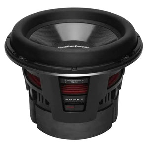 Un subwoofer Rockford Fosgate Power T2S2-13 negro con cono grande y detalles rojos proporciona 2000 W RMS.