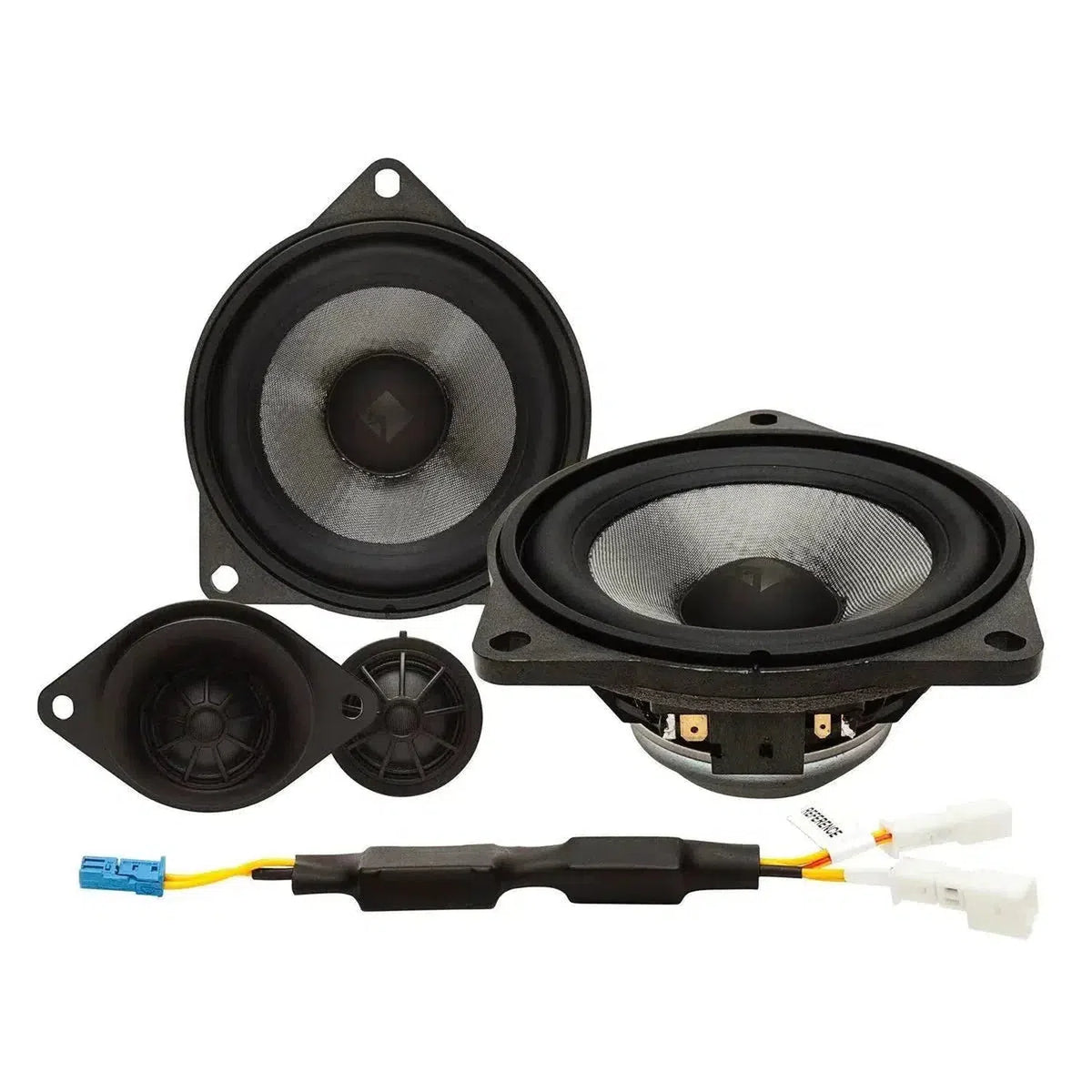 Il sistema a 2 vie Rockford Fosgate Power T3-BMW3 con due diffusori rotondi, tweeter e cablaggio è mostrato su sfondo bianco.