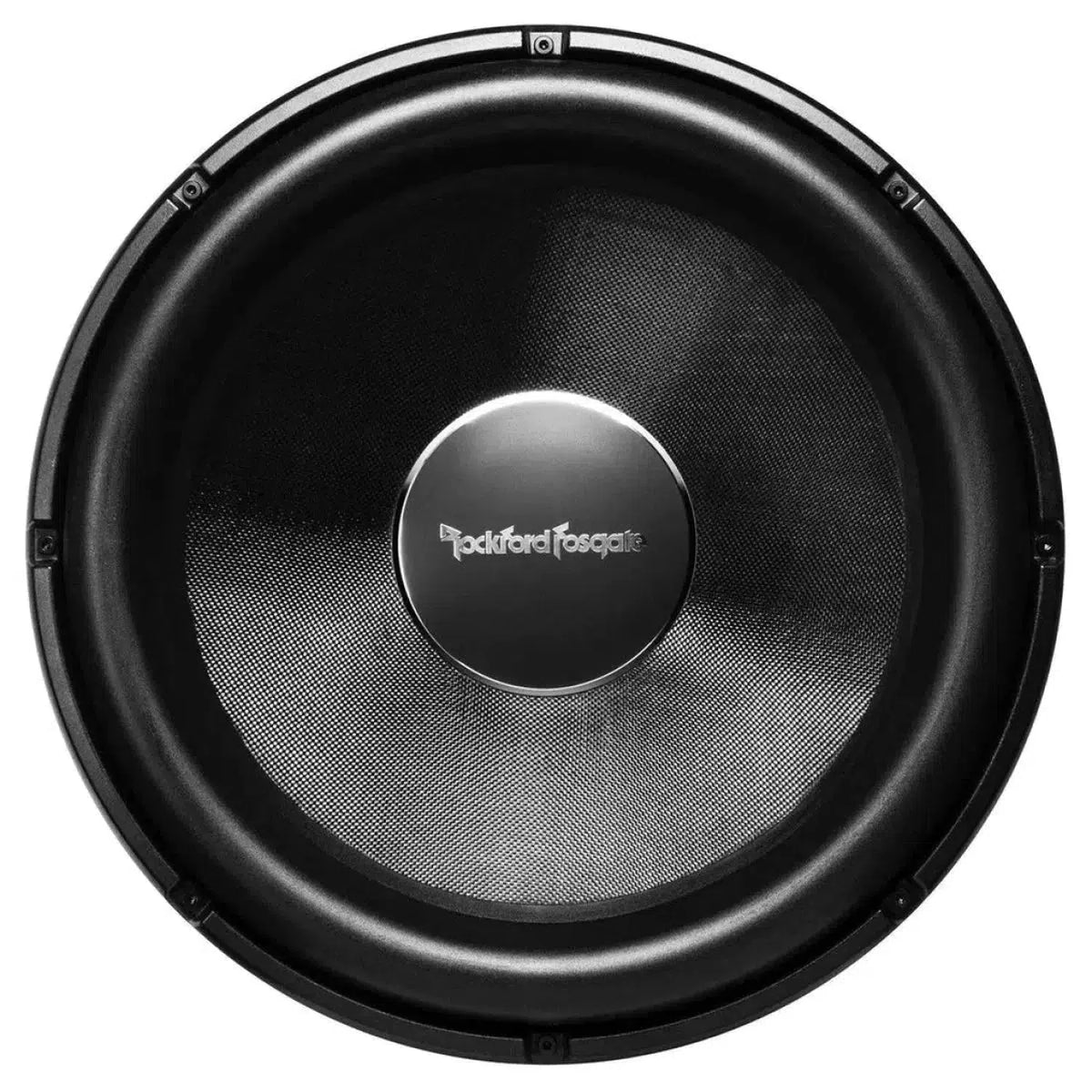 Une vue de dessus du caisson de basses Rockford Fosgate Power T3S2-19 / T3S1-19 montre son cône noir et son centre métallique ; ce modèle de 18 pouces délivre une puissance impressionnante de 3000 Watt RMS.