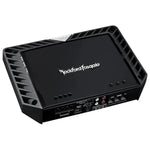 A black Rockford Fosgate Power T500-1bdCP mono amplifier with angled edges, BD topology, I/O ports, and brand logo on top.