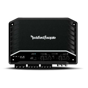 Lamplificatore a 4 canali in classe D Rockford Fosgate Prime R2-300X4, di colore nero, è dotato di manopole di controllo, porte di ingresso/uscita e logo bianco sul pannello frontale.