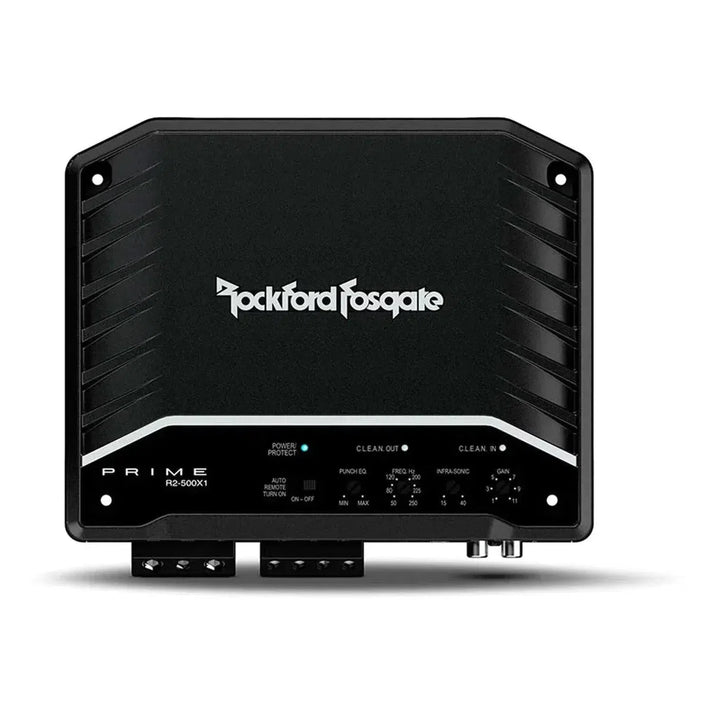 Amplificateur Rockford Fosgate Prime R2-500X1 1 canal avec technologie classe D, logo, nom du modèle et panneau de contrôle avec bornes et réglages.