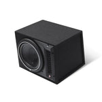 Il Rockford Fosgate Punch P1-1X10 è un subwoofer nero da 10 con altoparlante rotondo bordato dargento, griglia ventilata, 250W RMS, in una cassa rettangolare bianca.
