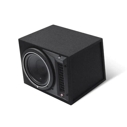Il Rockford Fosgate Punch P1-1X10 è un subwoofer nero da 10 con altoparlante rotondo bordato dargento, griglia ventilata, 250W RMS, in una cassa rettangolare bianca.