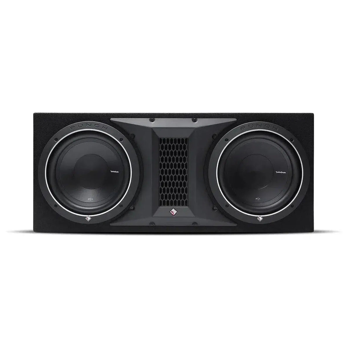 Un caisson de basses Rockford Fosgate Punch P1-2X10 noir avec deux haut-parleurs ronds de 10 pouces, un évent central et 500 W RMS, vu de face sur fond blanc.