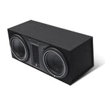 Un boîtier rectangulaire noir avec deux subwoofers Rockford Fosgate Punch P1-2X10 de 10 pouces, un évent central et une puissance de 500 W RMS.