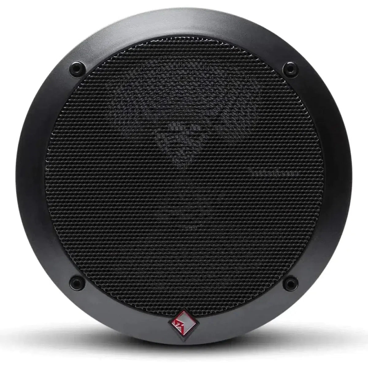 Diffusore audio per auto Rockford Fosgate Punch P152-S nero rotondo con griglia a rete, quattro viti e un piccolo logo rosso in basso su sfondo bianco.