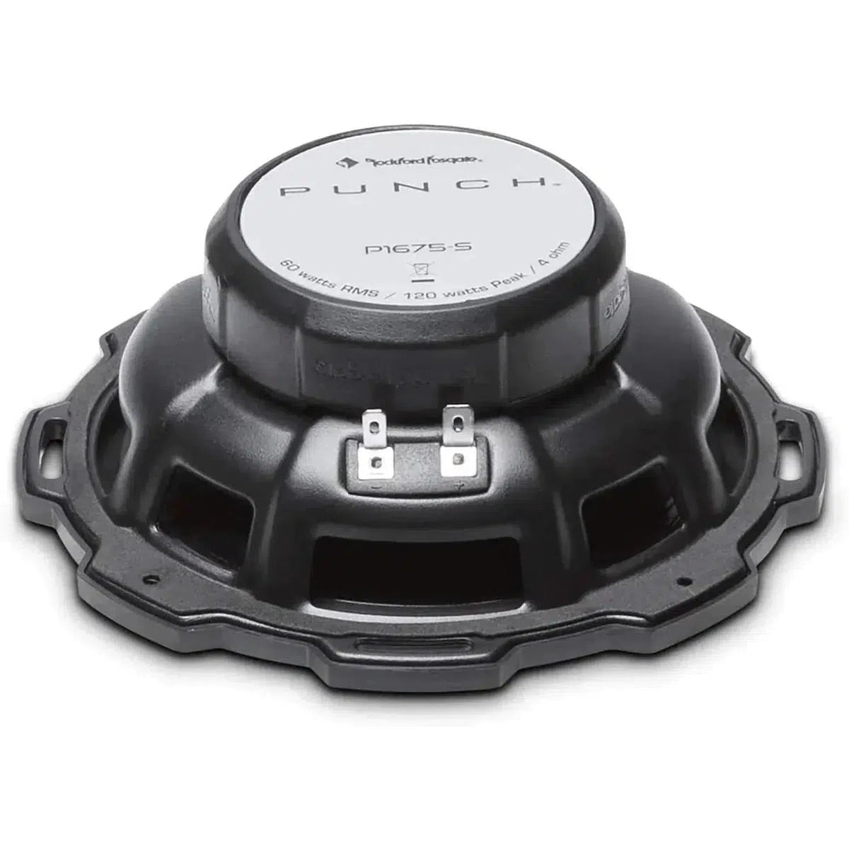 Il gruppo Rockford Fosgate Punch P152-S 2-Wege-Lautsprecherset nero visto dal retro, che mostra il telaio metallico rotondo e i terminali di collegamento.