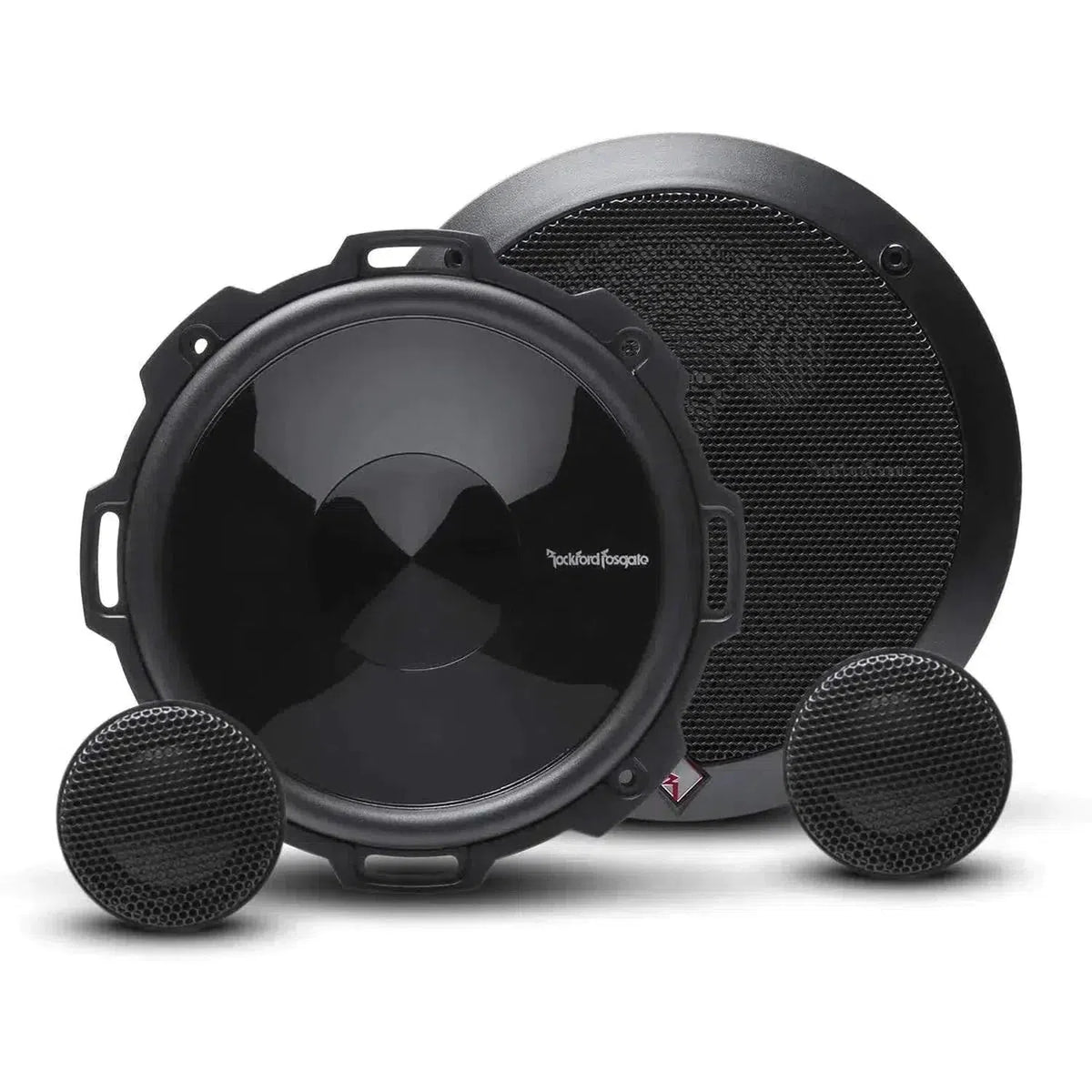 Two large and two small round black speakers from the Rockford Fosgate Punch P152-S set are displayed on a white background.
