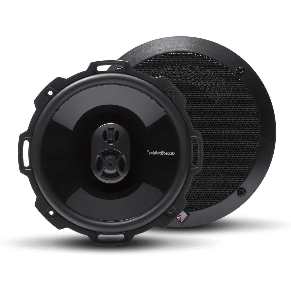 Deux haut-parleurs ronds noirs - un avec tweeters, un avec grille - de Rockford Fosgate Punch P1675, idéal comme ensemble triaxial plug  play pour VW/Citroën.