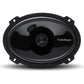 Le Rockford Fosgate Punch P1692 est un ensemble de haut-parleurs de voiture 6x9 ovales et noirs avec quatre trous de montage et le logo de la marque au centre brillant.