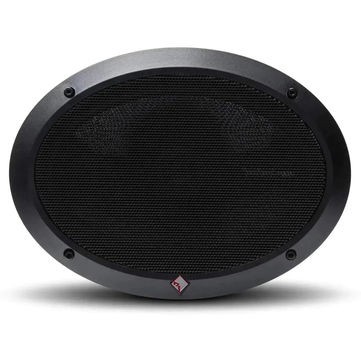Haut-parleur de voiture Rockford Fosgate Punch P1692 6x9 ovale noir avec grille, quatre vis visibles et un petit logo rouge et blanc en bas au centre.