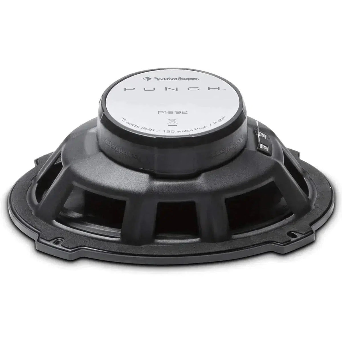 Une vue arrière du haut-parleur de voiture Rockford Fosgate Punch P1692 noir montre le modèle et létiquette de puissance sur laimant.