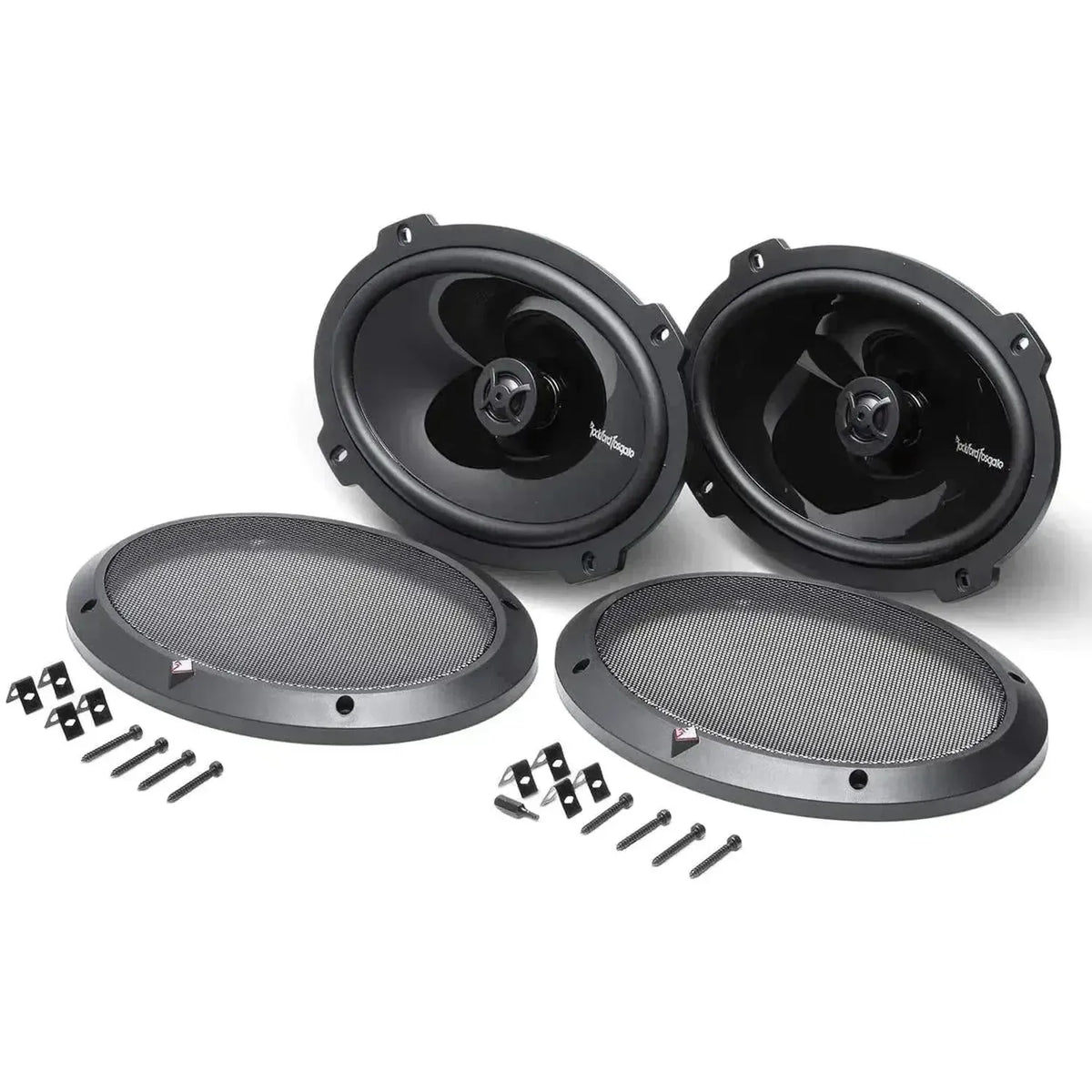 Deux enceintes Rockford Fosgate Punch P1692 6x9 à 2 voies, ovales et noires, avec grilles, vis et supports sur fond blanc.