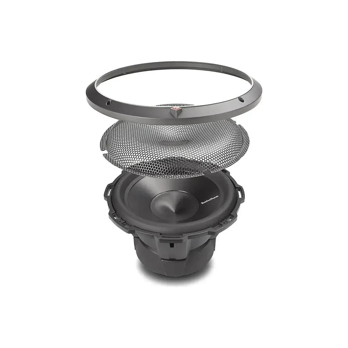 Exploded view van een zwarte Rockford Fosgate Punch P1G-8 met het ronde frame, rooster en luidsprekerconus afzonderlijk en verticaal uitgelijnd.