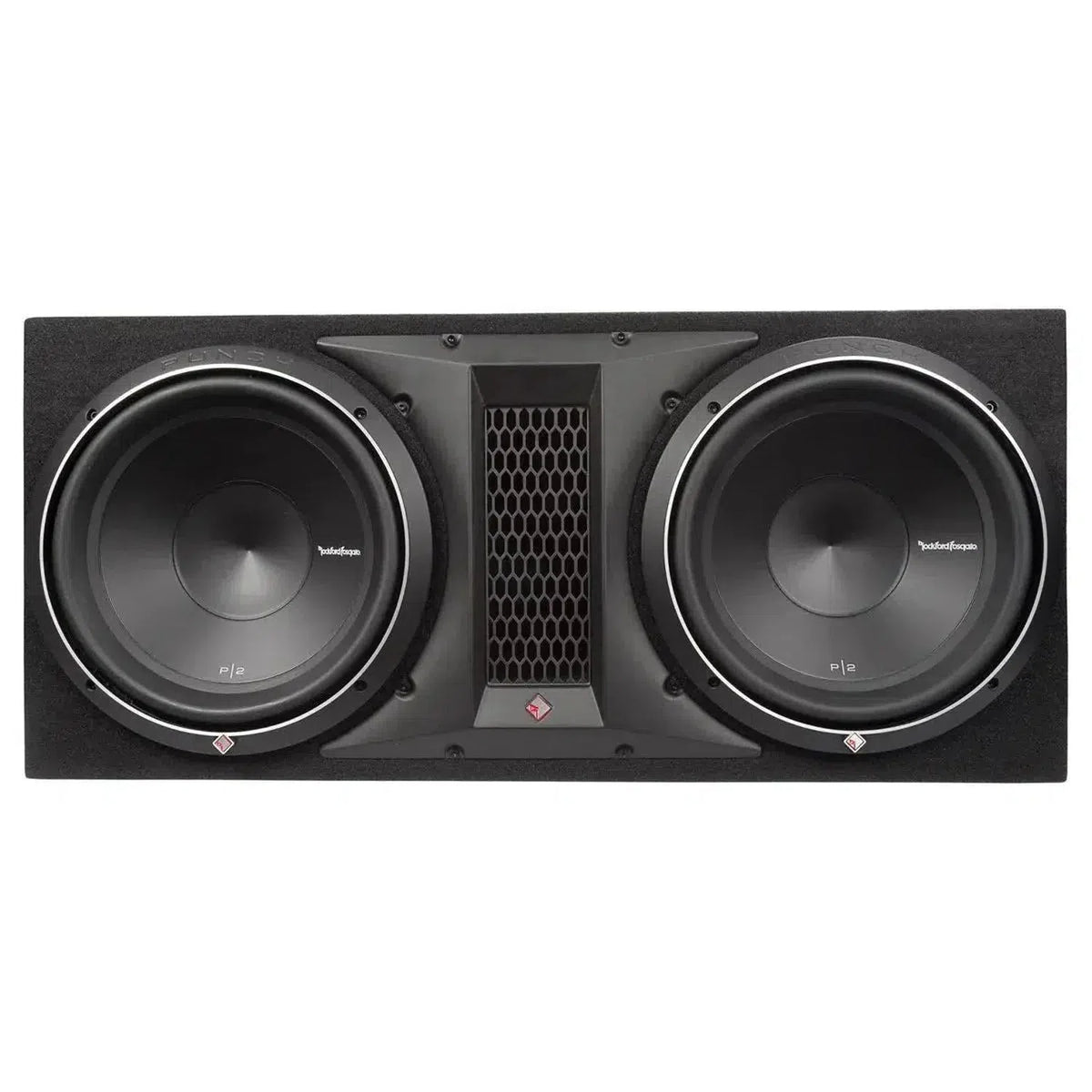 De Rockford Fosgate Punch P2-2X12 is een rechthoekige luidsprekerbox met dubbele 12 subwoofers en een centraal zwart ventilatierooster voor een diepe, krachtige bas.
